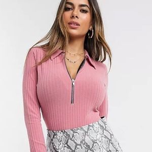 Misguided Pink Zip Front Ribbed Bodysuit